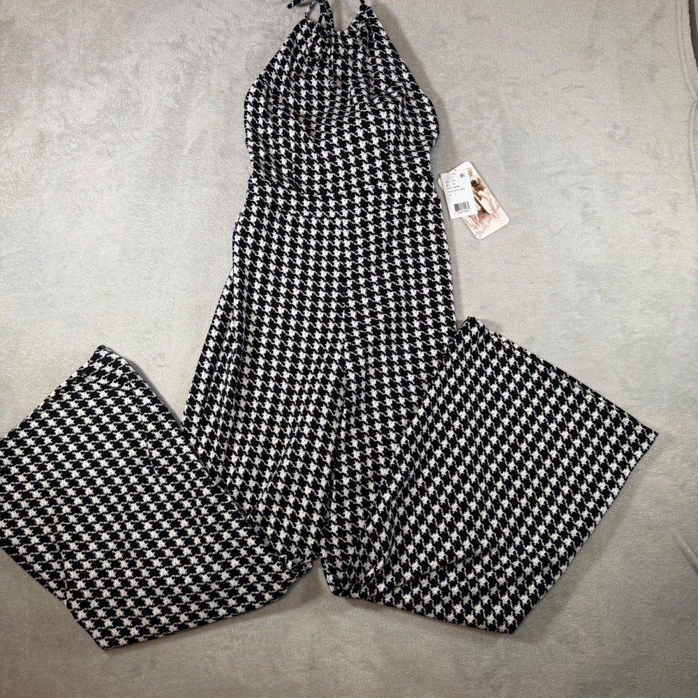 Honey and Rosie Houndstooth Halter Wide Leg Jumpsuit Black White Small NWT